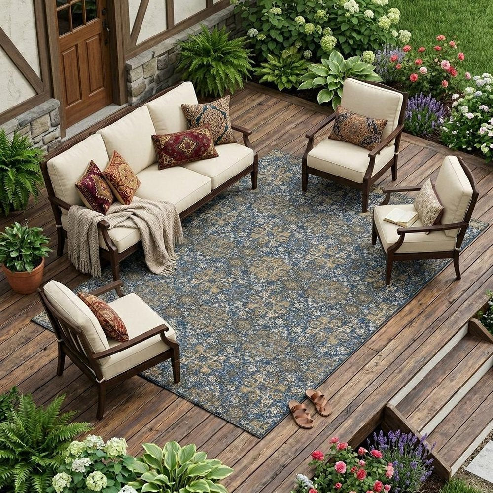 10' X 14' Navy Blue And Silver Oriental Washable Indoor Outdoor Area Rug HomeRoots