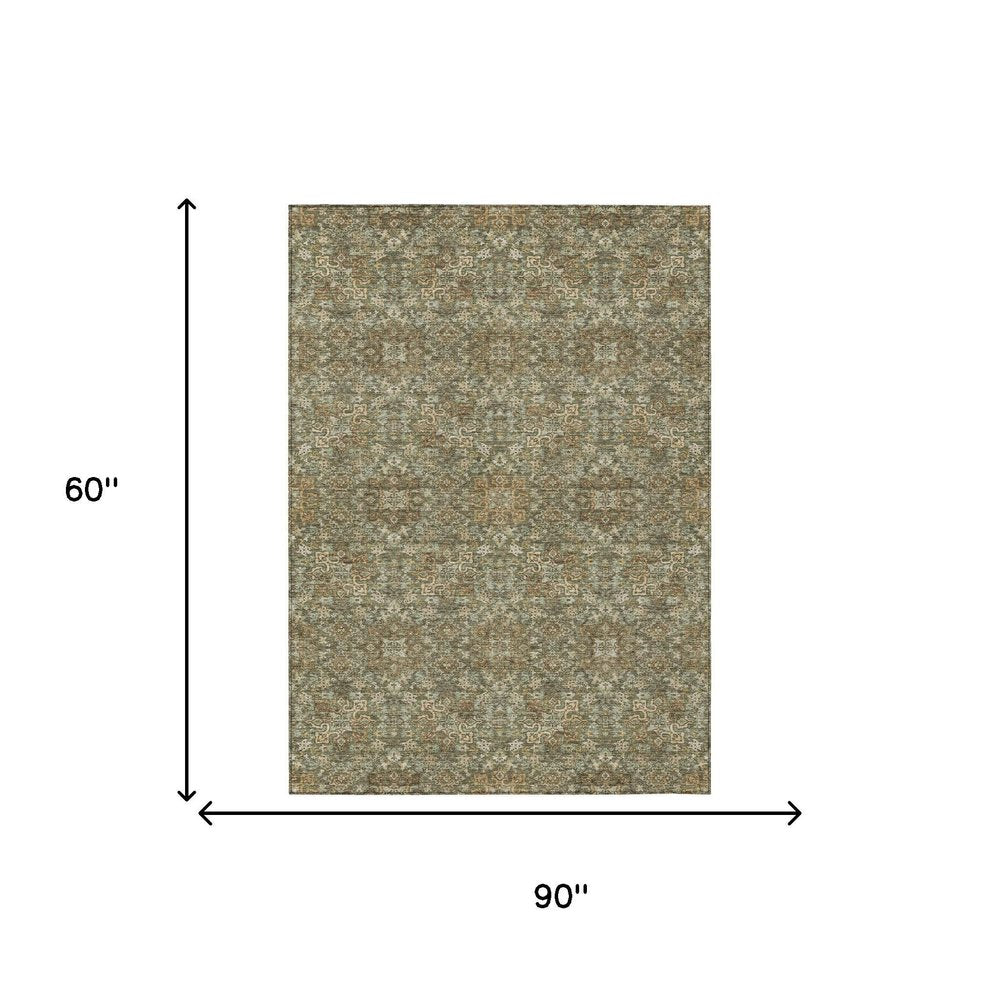 5' X 8' Olive Green And Ivory Oriental Washable Indoor Outdoor Area Rug HomeRoots