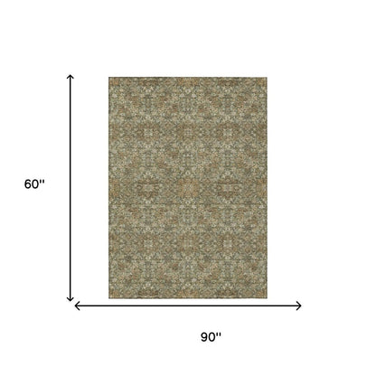 5' X 8' Olive Green And Ivory Oriental Washable Indoor Outdoor Area Rug HomeRoots