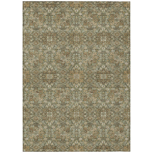 5' X 8' Olive Green And Ivory Oriental Washable Indoor Outdoor Area Rug