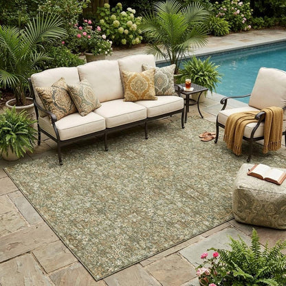 5' X 8' Olive Green And Ivory Oriental Washable Indoor Outdoor Area Rug HomeRoots