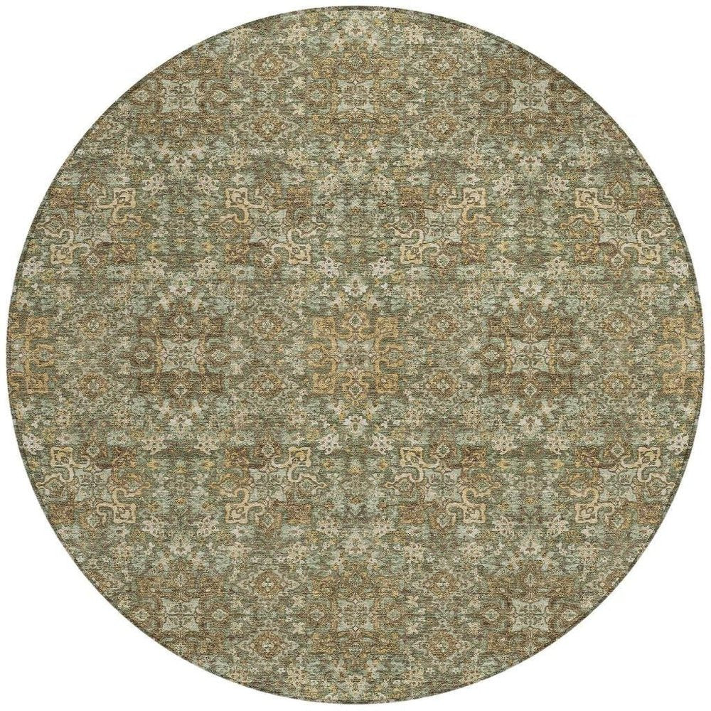 8' Olive Green And Ivory Round Oriental Washable Indoor Outdoor Area Rug — view 6