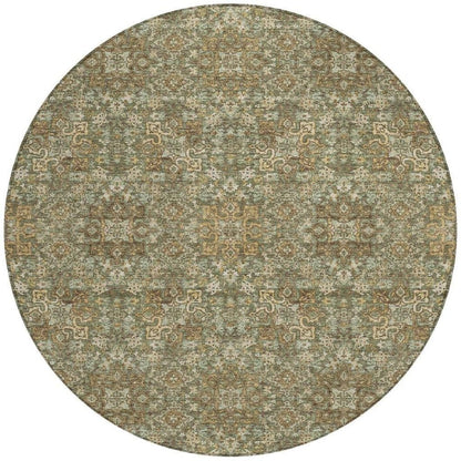 8' Olive Green And Ivory Round Oriental Washable Indoor Outdoor Area Rug HomeRoots