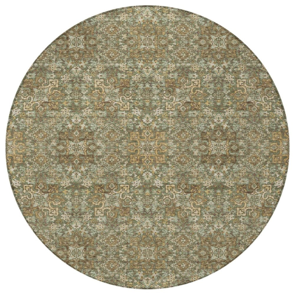 8' Olive Green And Ivory Round Oriental Washable Indoor Outdoor Area Rug HomeRoots