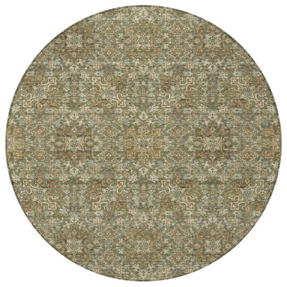 8' Olive Green And Ivory Round Oriental Washable Indoor Outdoor Area Rug HomeRoots
