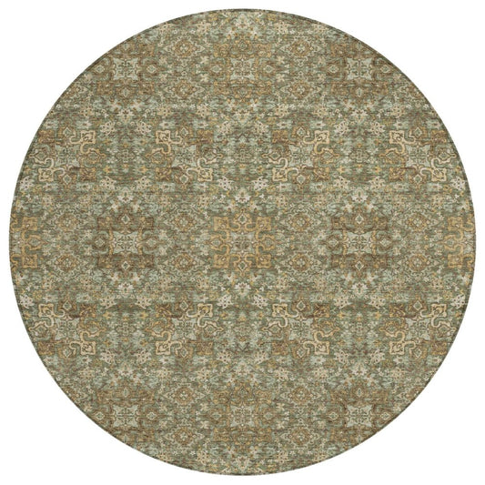 8' Olive Green And Ivory Round Oriental Washable Indoor Outdoor Area Rug