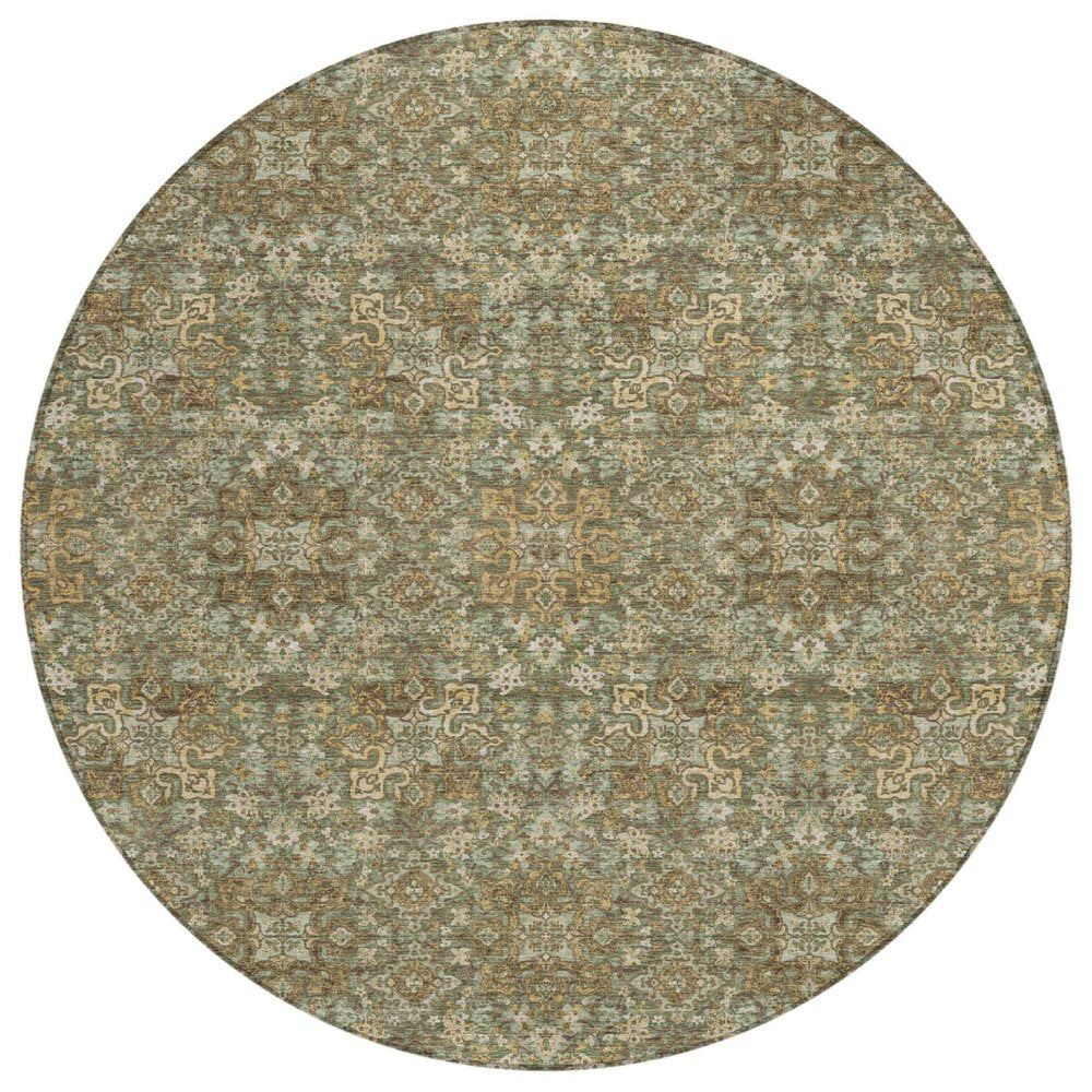8' Olive Green And Ivory Round Oriental Washable Indoor Outdoor Area Rug HomeRoots