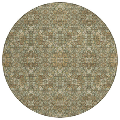 8' Olive Green And Ivory Round Oriental Washable Indoor Outdoor Area Rug HomeRoots