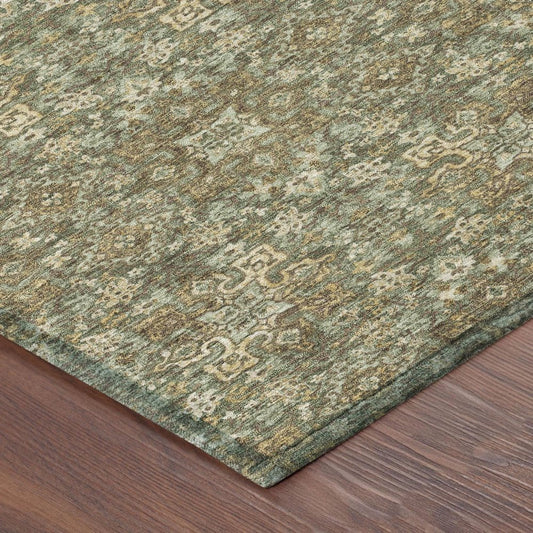 8' Olive Green And Ivory Round Oriental Washable Indoor Outdoor Area Rug