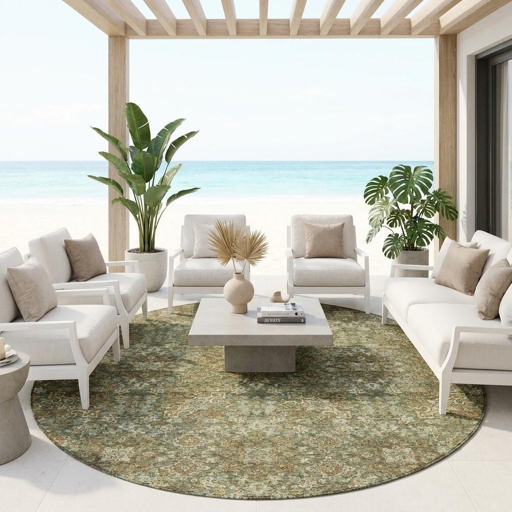 8' Olive Green And Ivory Round Oriental Washable Indoor Outdoor Area Rug — view 5