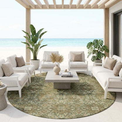 8' Olive Green And Ivory Round Oriental Washable Indoor Outdoor Area Rug HomeRoots
