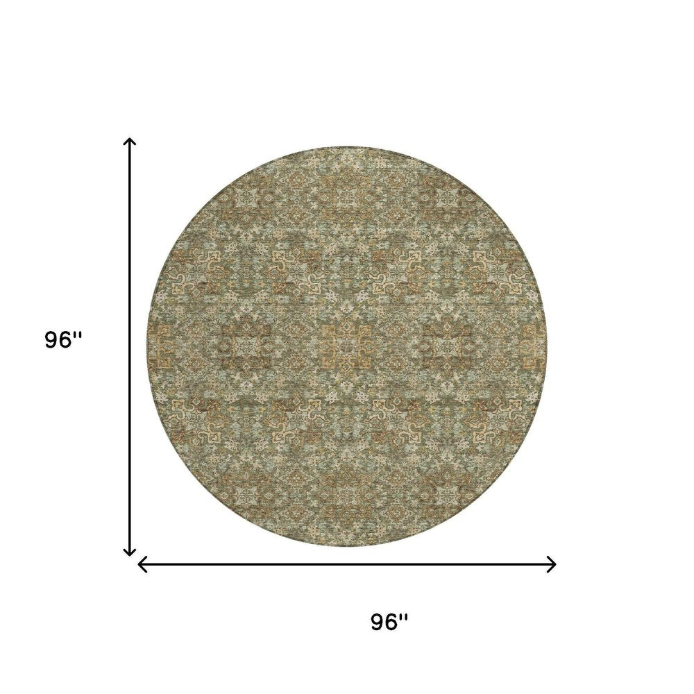 8' Olive Green And Ivory Round Oriental Washable Indoor Outdoor Area Rug — view 4