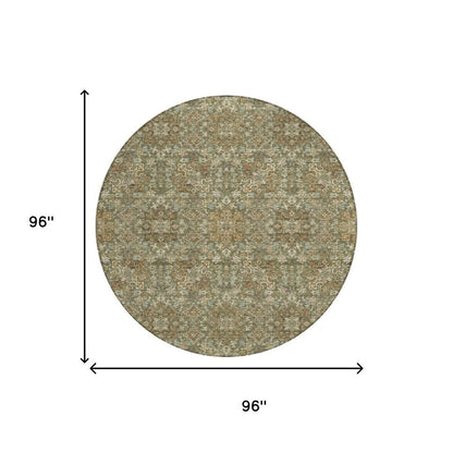 8' Olive Green And Ivory Round Oriental Washable Indoor Outdoor Area Rug HomeRoots