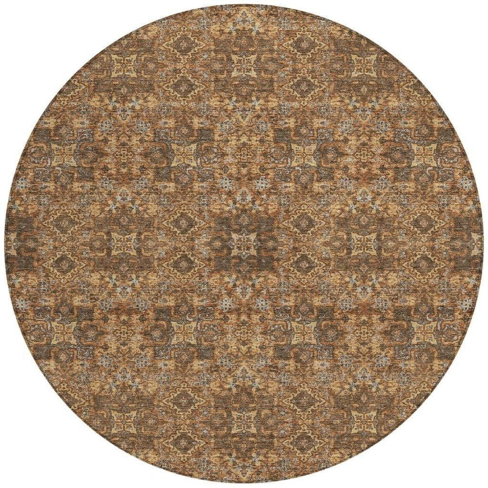 8' Orange And Linen Round Oriental Washable Indoor Outdoor Area Rug HomeRoots