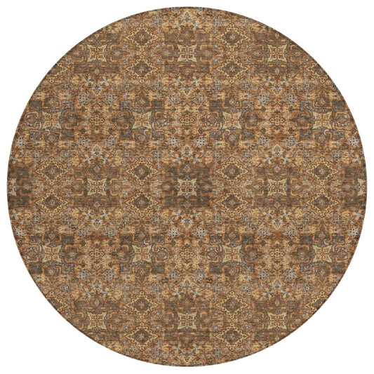 8' Orange And Linen Round Oriental Washable Indoor Outdoor Area Rug
