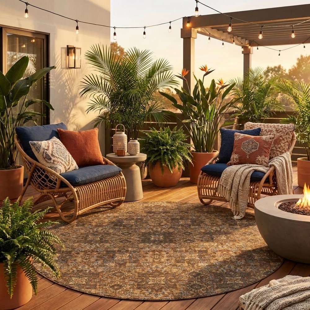 8' Orange And Linen Round Oriental Washable Indoor Outdoor Area Rug — view 12