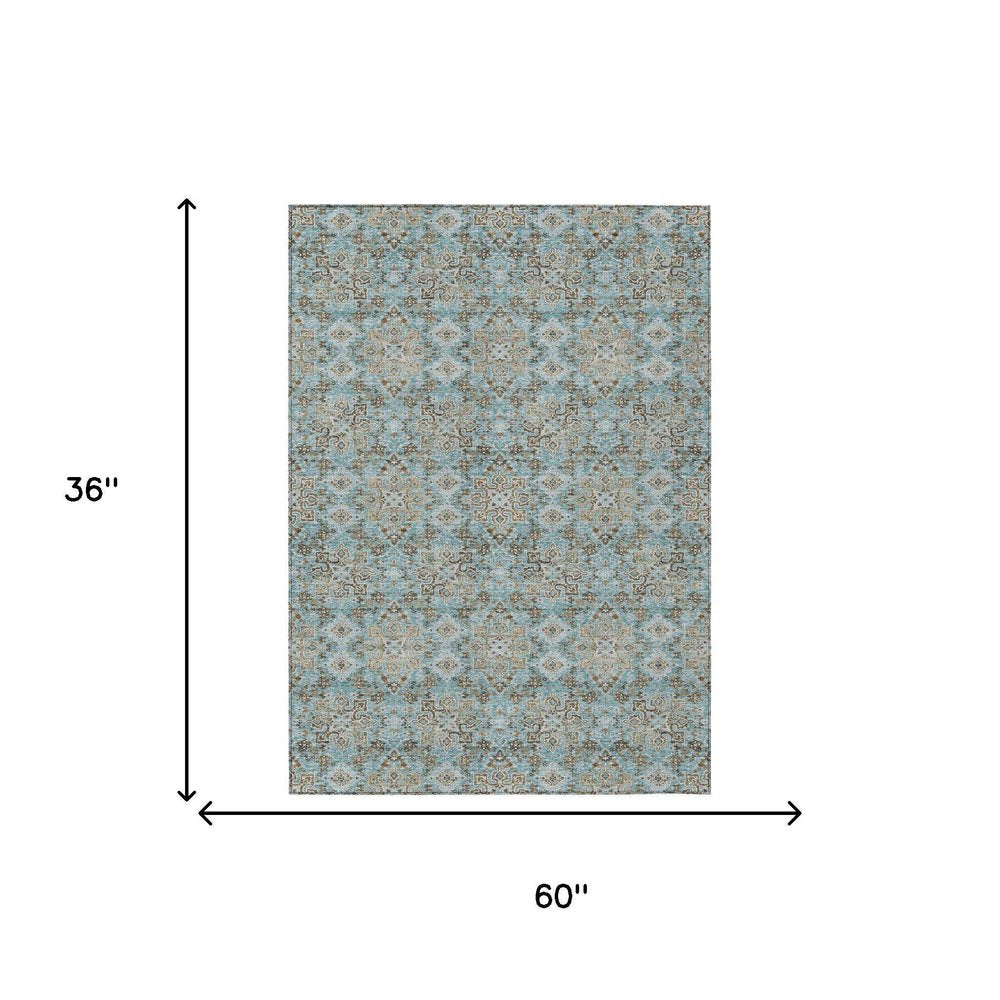 3' X 5' Teal Blue And Blue Oriental Washable Indoor Outdoor Area Rug — view 4