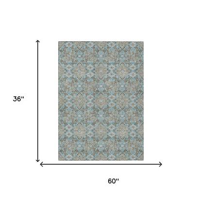 3' X 5' Teal Blue And Blue Oriental Washable Indoor Outdoor Area Rug