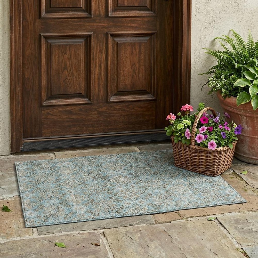 3' X 5' Teal Blue And Blue Oriental Washable Indoor Outdoor Area Rug — view 5