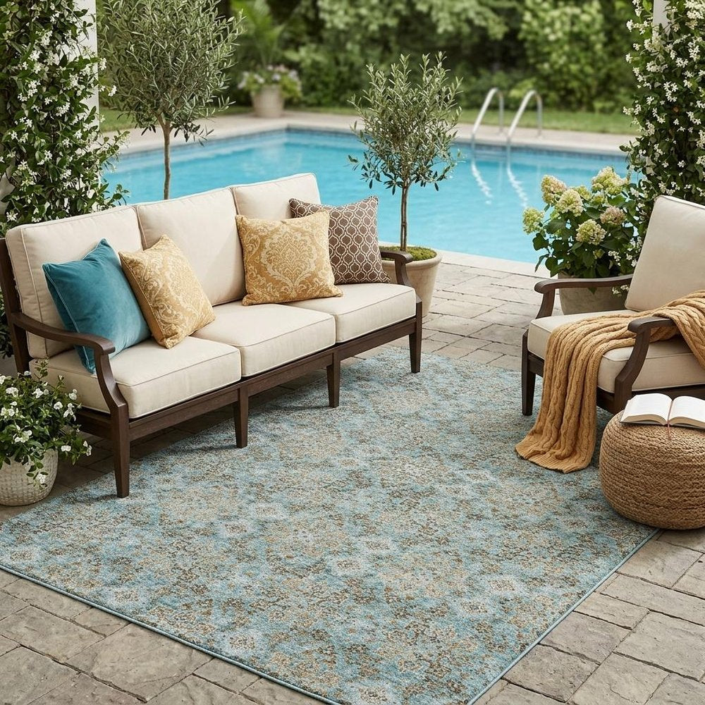 5' X 8' Teal Blue And Blue Oriental Washable Indoor Outdoor Area Rug HomeRoots