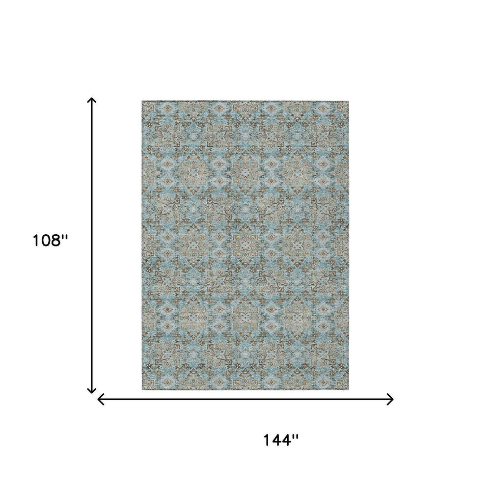9' X 12' Teal Blue And Blue Oriental Washable Indoor Outdoor Area Rug HomeRoots