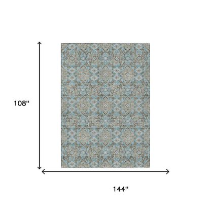 9' X 12' Teal Blue And Blue Oriental Washable Indoor Outdoor Area Rug HomeRoots