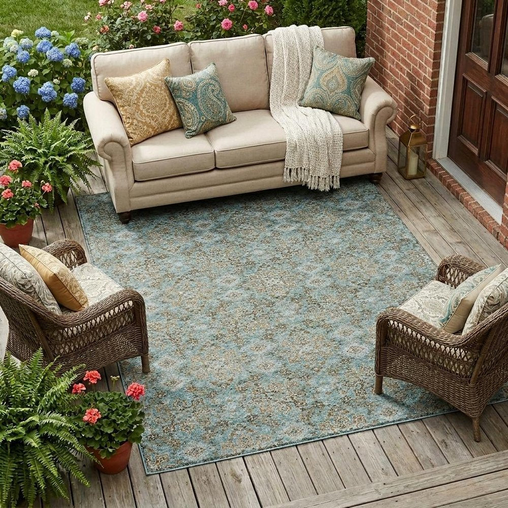 9' X 12' Teal Blue And Blue Oriental Washable Indoor Outdoor Area Rug — view 5