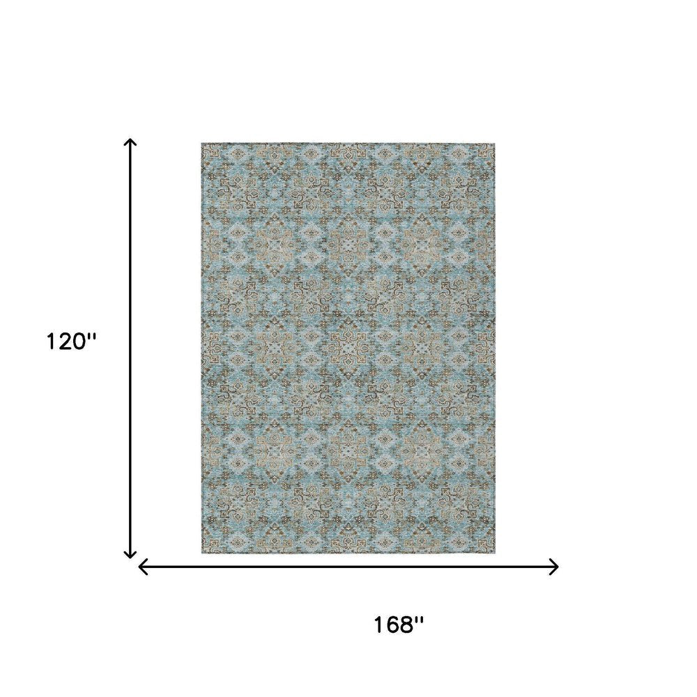 10' X 14' Teal Blue And Blue Oriental Washable Indoor Outdoor Area Rug — view 4