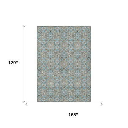 10' X 14' Teal Blue And Blue Oriental Washable Indoor Outdoor Area Rug HomeRoots