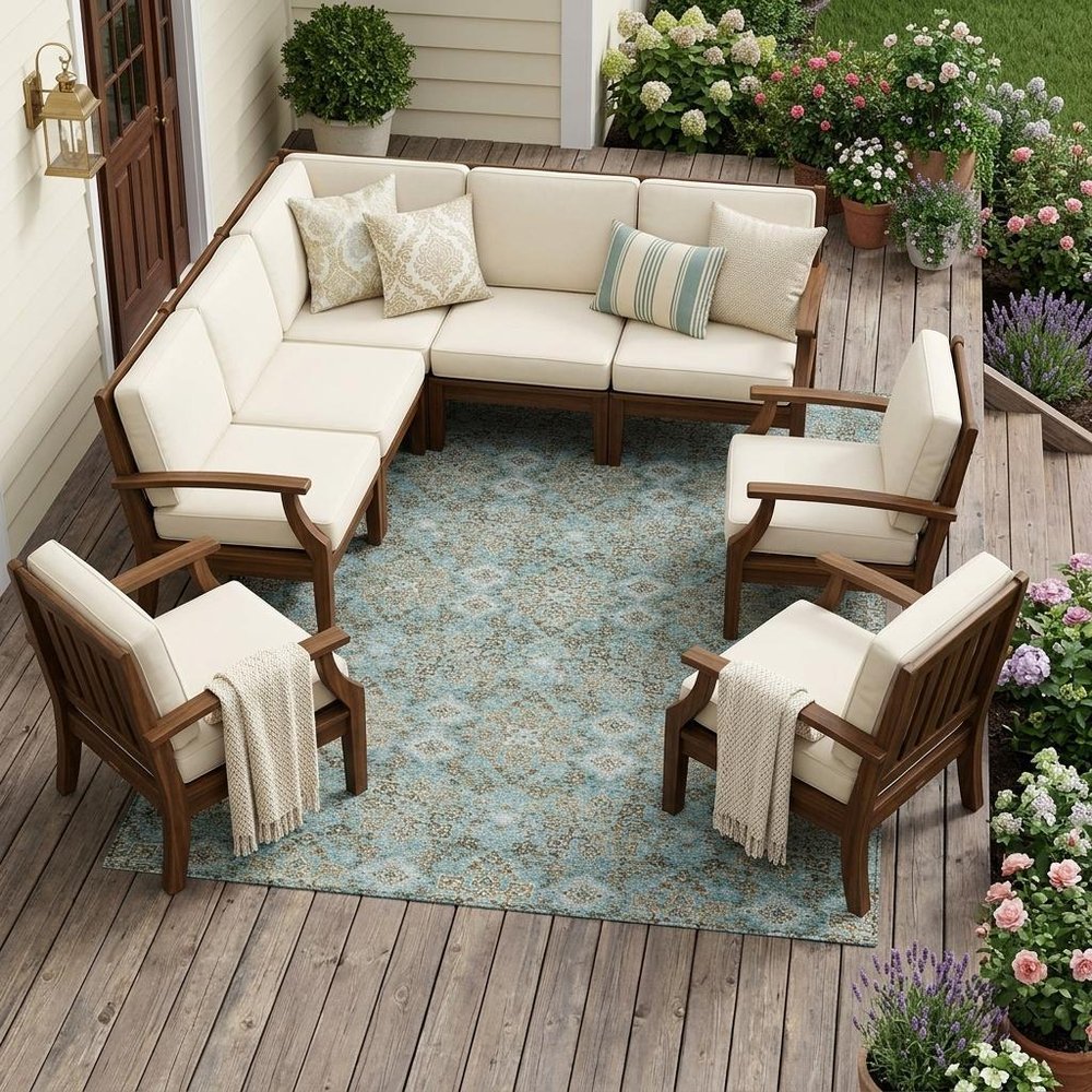 10' X 14' Teal Blue And Blue Oriental Washable Indoor Outdoor Area Rug — view 5