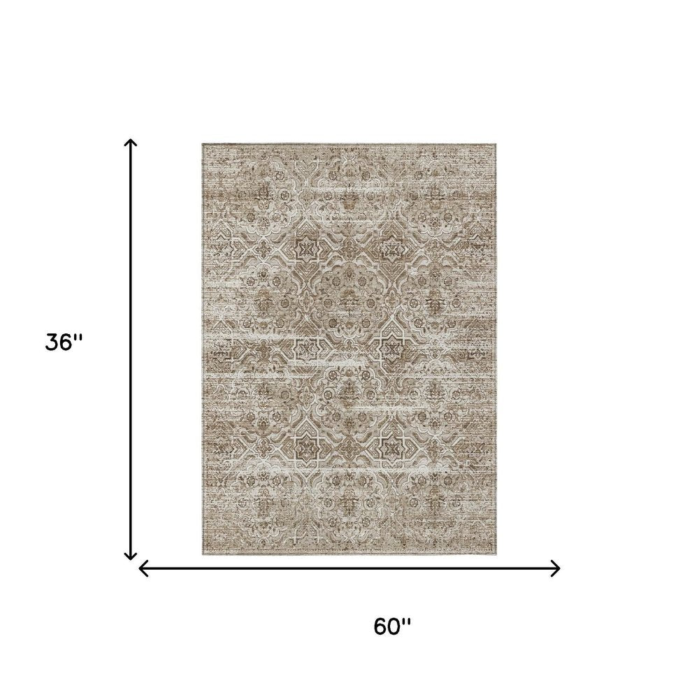 3' X 5' Beige And Brown Floral Washable Indoor Outdoor Area Rug — view 4