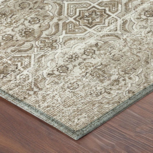 3' X 5' Beige And Brown Floral Washable Indoor Outdoor Area Rug