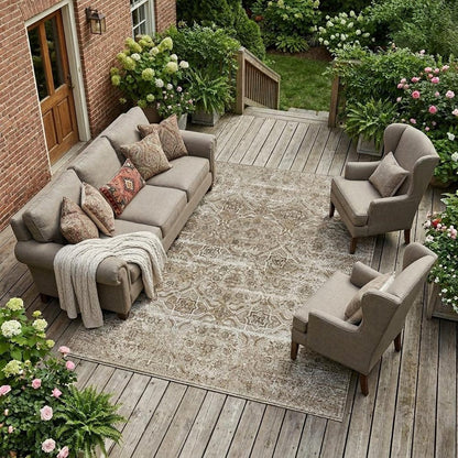 10' X 14' Beige And Brown Floral Washable Indoor Outdoor Area Rug HomeRoots