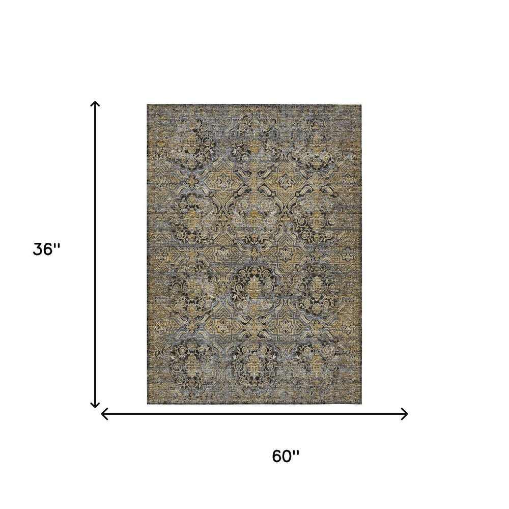 3' X 5' Black And Coffee Floral Washable Indoor Outdoor Area Rug — view 4