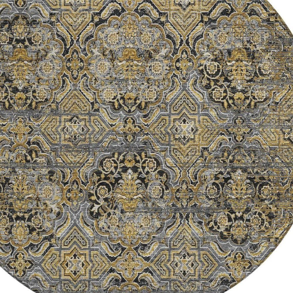 8' Black And Coffee Round Floral Washable Indoor Outdoor Area Rug — view 6