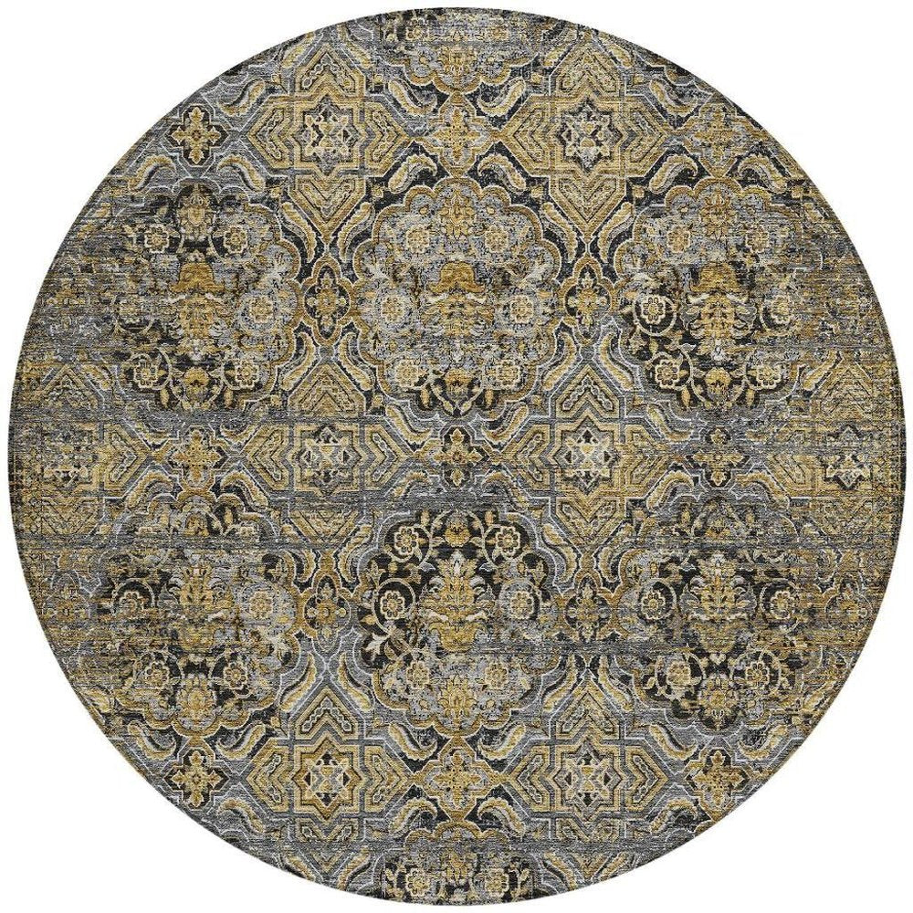 8' Black And Coffee Round Floral Washable Indoor Outdoor Area Rug HomeRoots