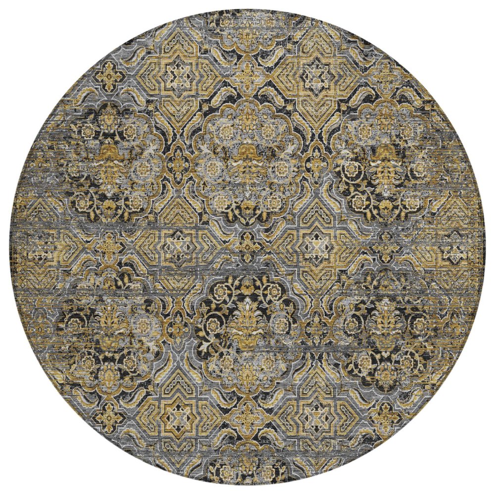 8' Black And Coffee Round Floral Washable Indoor Outdoor Area Rug — view 1