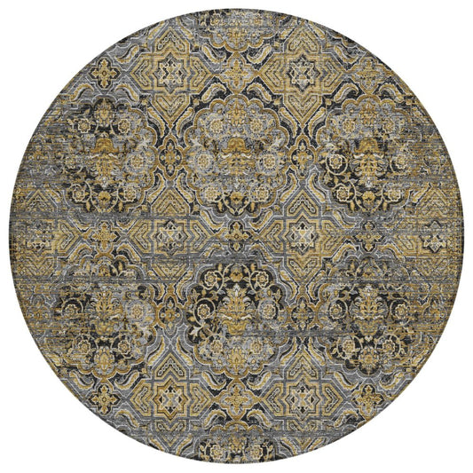 8' Black And Coffee Round Floral Washable Indoor Outdoor Area Rug