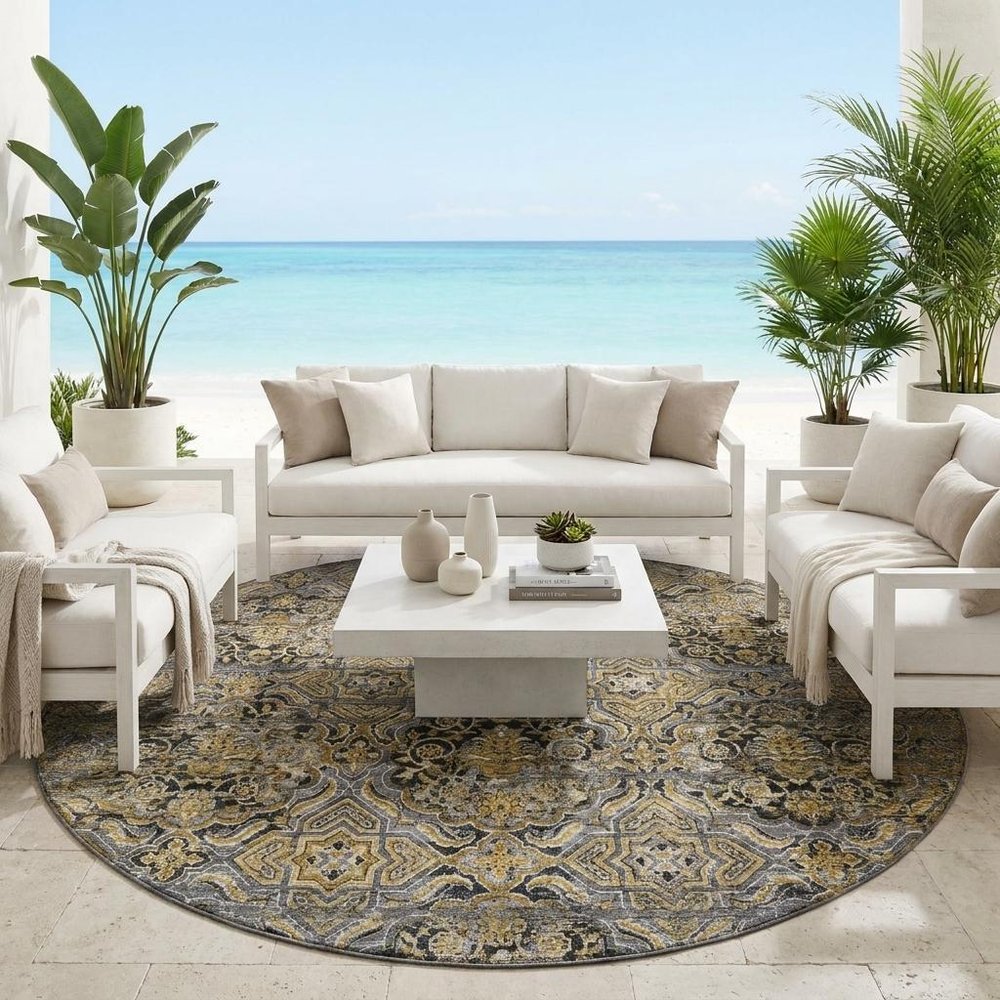 8' Black And Coffee Round Floral Washable Indoor Outdoor Area Rug HomeRoots