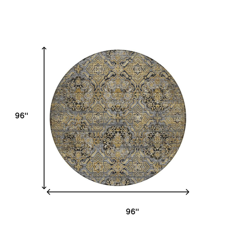 8' Black And Coffee Round Floral Washable Indoor Outdoor Area Rug — view 4