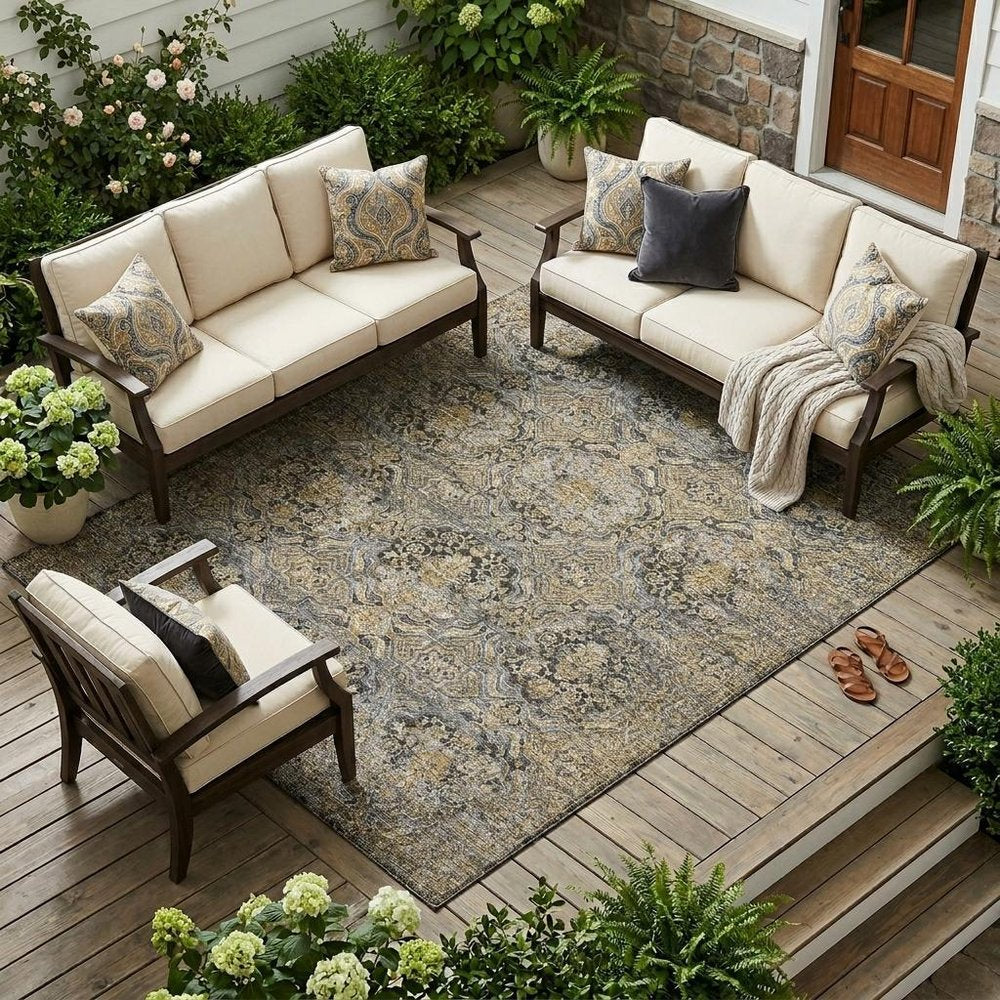 8' X 10' Black And Coffee Floral Washable Indoor Outdoor Area Rug — view 5