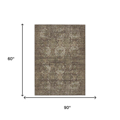 5' X 8' Chocolate And Brown Floral Washable Indoor Outdoor Area Rug