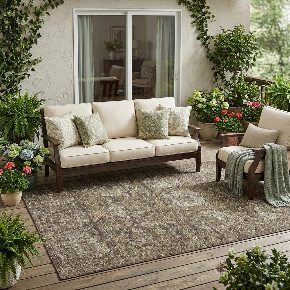 5' X 8' Chocolate And Brown Floral Washable Indoor Outdoor Area Rug — view 5