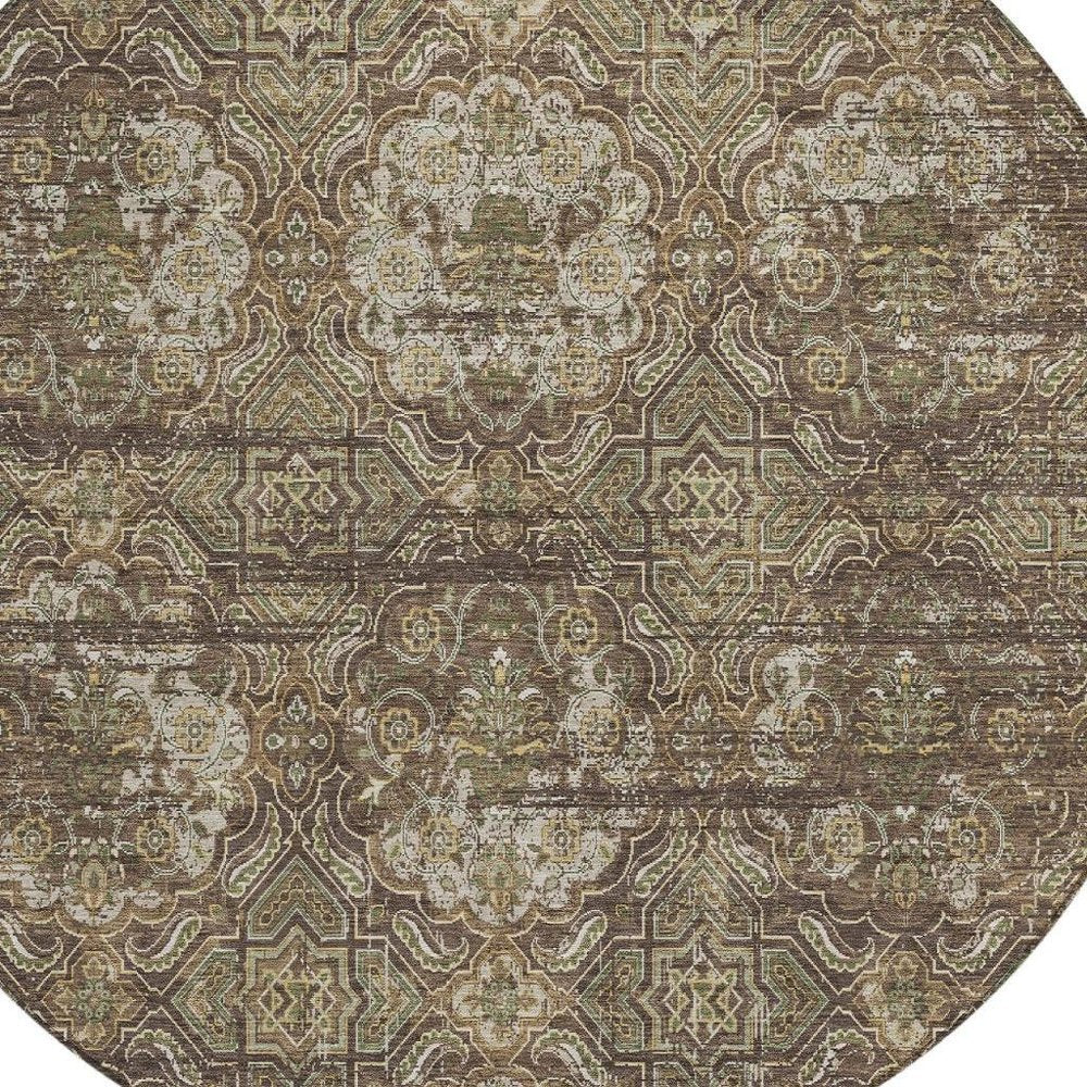 8' Chocolate And Brown Round Floral Washable Indoor Outdoor Area Rug — view 7