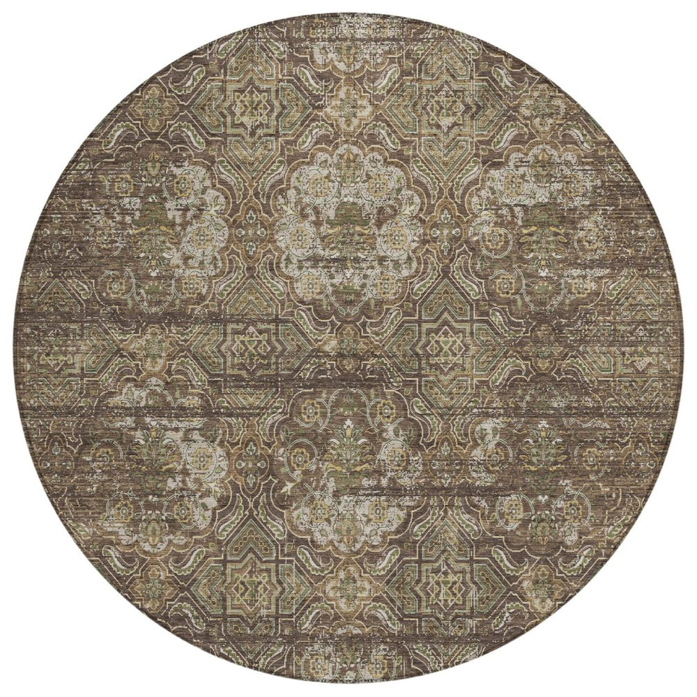 8' Chocolate And Brown Round Floral Washable Indoor Outdoor Area Rug HomeRoots