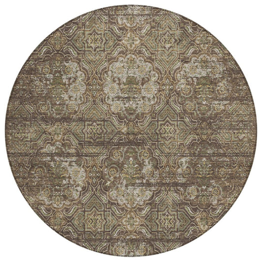 8' Chocolate And Brown Round Floral Washable Indoor Outdoor Area Rug