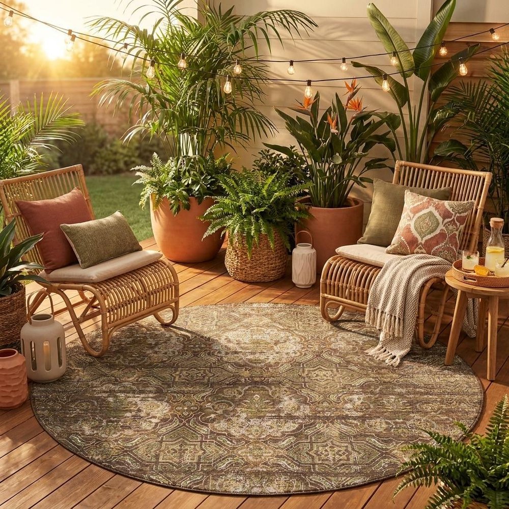 8' Chocolate And Brown Round Floral Washable Indoor Outdoor Area Rug — view 12