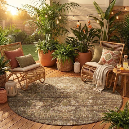 8' Chocolate And Brown Round Floral Washable Indoor Outdoor Area Rug HomeRoots