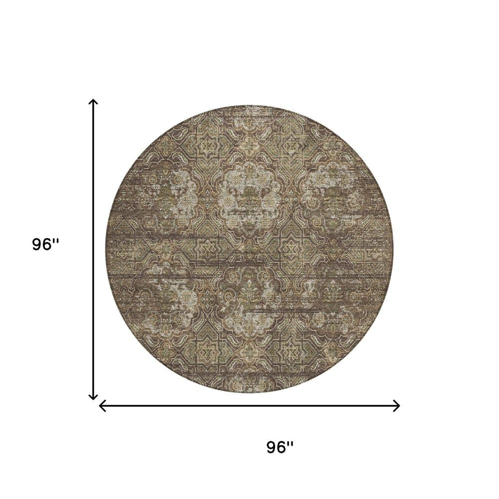 8' Chocolate And Brown Round Floral Washable Indoor Outdoor Area Rug — view 11