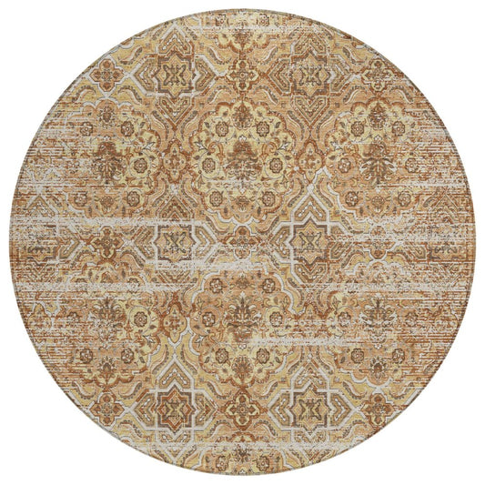 8' Copper And Purple Round Floral Washable Indoor Outdoor Area Rug